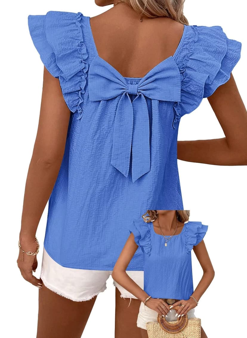 Falechay Womens Bow Tie Back Tops Round Neck Ruffle Short Sleeve Shirts Cute Babydoll Chiffon Tee Women Summer Trendy Tunic