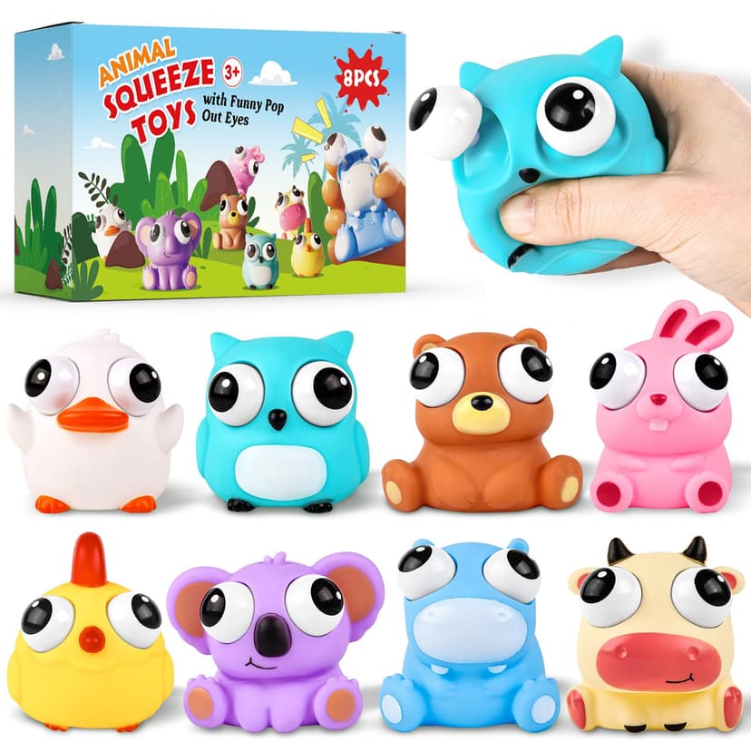8 Pack Animal Squishy Fidget Toys, Cute Squishies Toys for Kids Adults | Pop Out Eyes Toy, Popping Eye Stress Toy, Easter Basket Stuffers, Party Favors, Goodie Bag Stuffers and Classroom Prizes