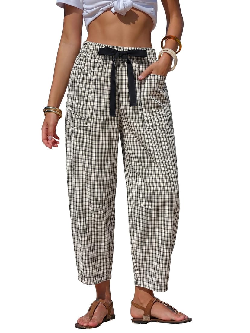 EXLURA Womens Faux Linen Striped Barrel Capri Pants Drawstring Trousers | Wide Leg, Elastic Waist, Deep Pockets, Lightweight, Beach Vacation Outfits, Comfy Casual Lounge, Summer Fashion Trendy 2026