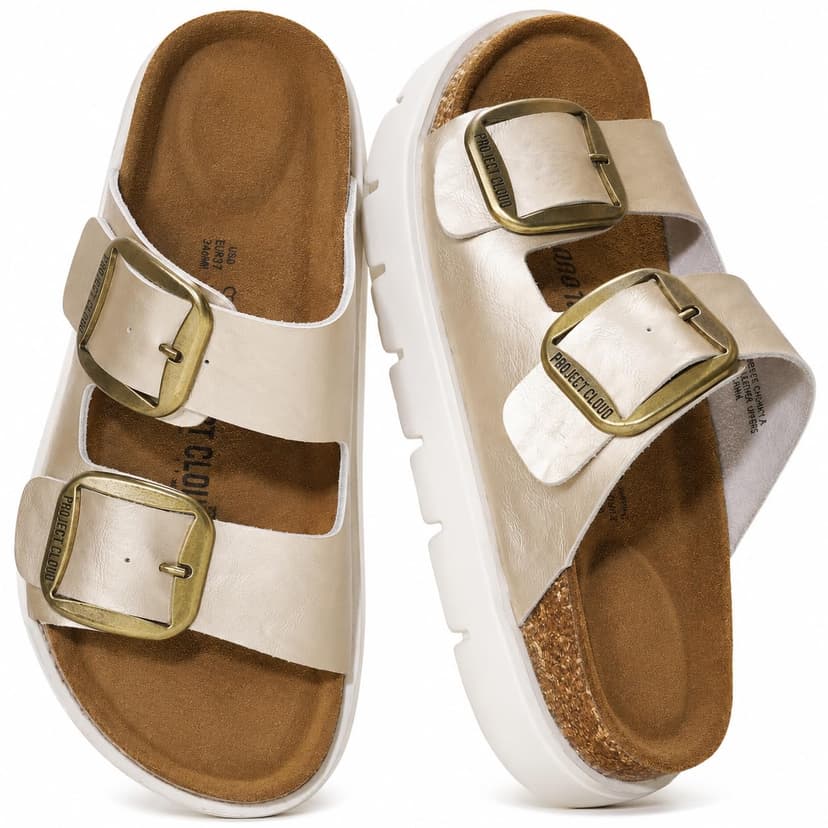 Project Cloud 100% Genuine Leather Platform Sandals Women Footwear - Wedge Chunky Slides for Women 2026 with Memory Foam Insole & Cork Footbed Womens Sandals (GreeceChunky)