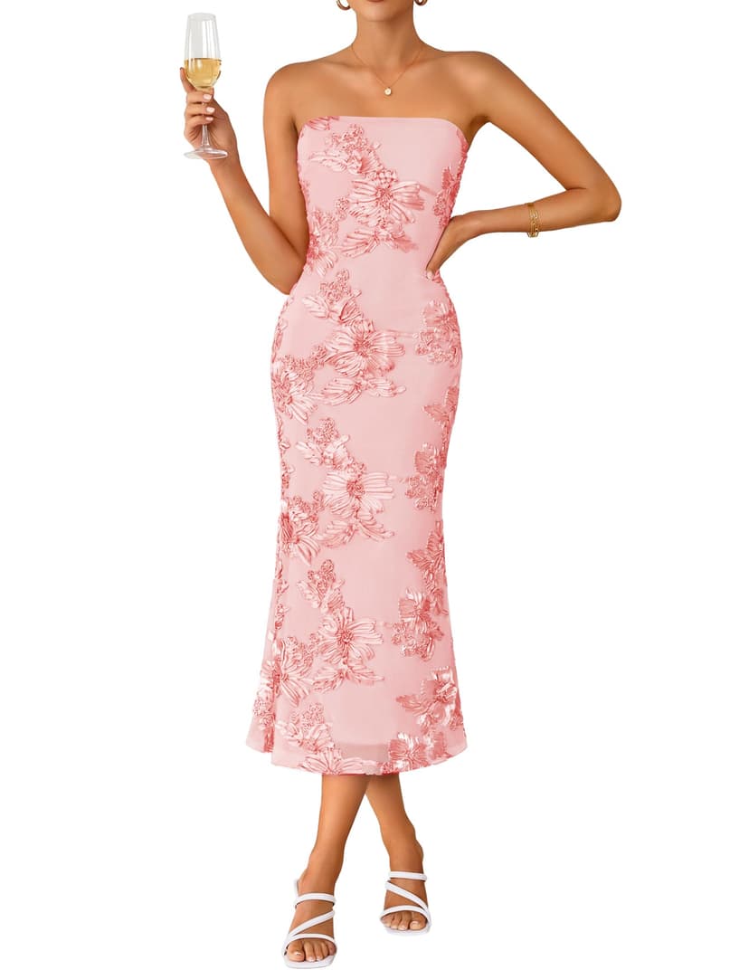 ZESICA Cocktail Wedding Guest Dresses for Women 2026 Summer Strapless Floral Bodycon Mesh Tube Formal Party Midi Dress