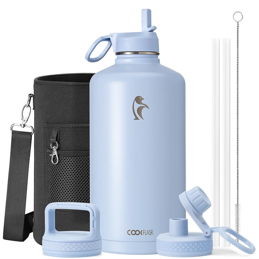Coolflask 128 oz Gallon Water Bottle Insulated with Straw&3 Lids, Water Jug Large Stainless Steel Metal Vacuum Wide Mouth for Sports, Gym or Office, Non-BPA Keep Cold 48H Hot 24H, Light Blue