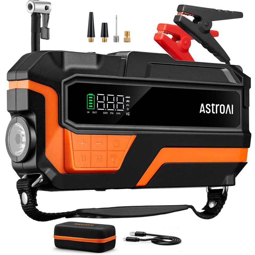 AstroAI M10 6000A Car Jump Starter with Air Compressor, 12V Jump Box | Battery Booster for All Gas/12L Diesel - 150PSI Auto-Off Inflator with 23.6" Hose - 18W Fast Charging - LED Light - EVA Case