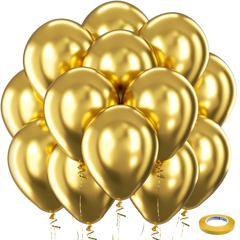 Bezente Gold Metallic Chrome Latex Helium Round Balloons 100 Pack 12 inch | Gold Balloons for Wedding Anniversary Graduation Retirement Golden Birthday Engagement Bachelorette Party Decorations