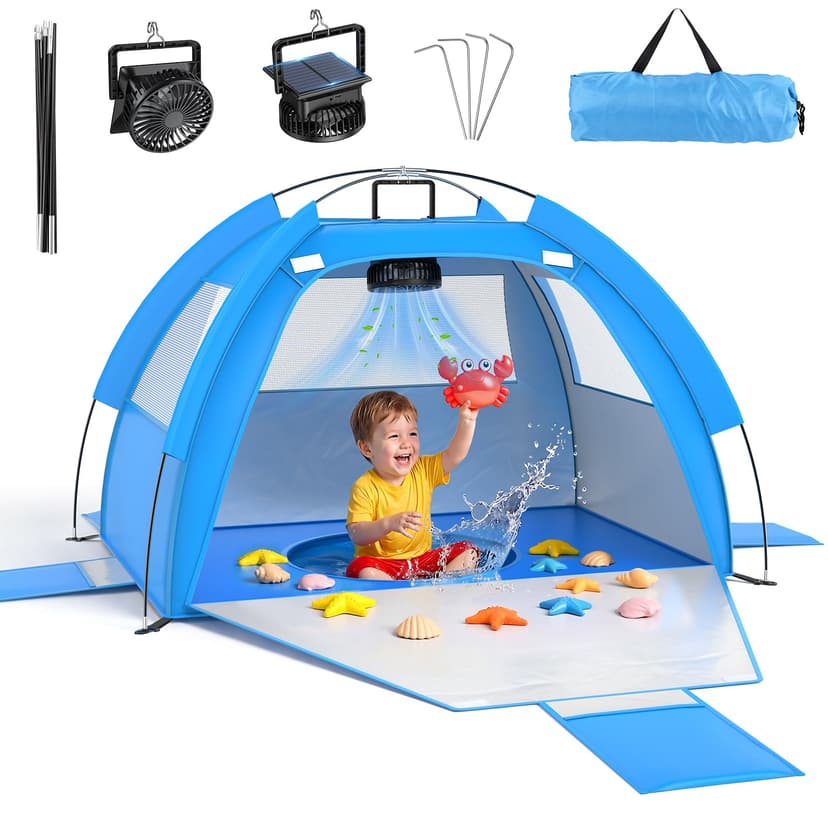 Dsquu Baby Beach Tent Solar Cooling Fan, Anti-UV Toddler Beach Tent Sun Shelter Portable Travel Fan Beach Shade Tent, Baby Play Tent Built-in Ceiling Fan Sun Shelters Toddler Beach Essentials Blue
