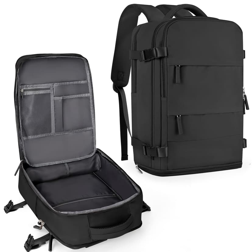 coowoz Travel Backpack For Women Men,Carry On Backpack Flight Approved,Hiking Backpack Water-Resistant Outdoor Sports Rucksack Casual Daypack Fit 15.6 Inch Laptop Shoes Compartment (Black)