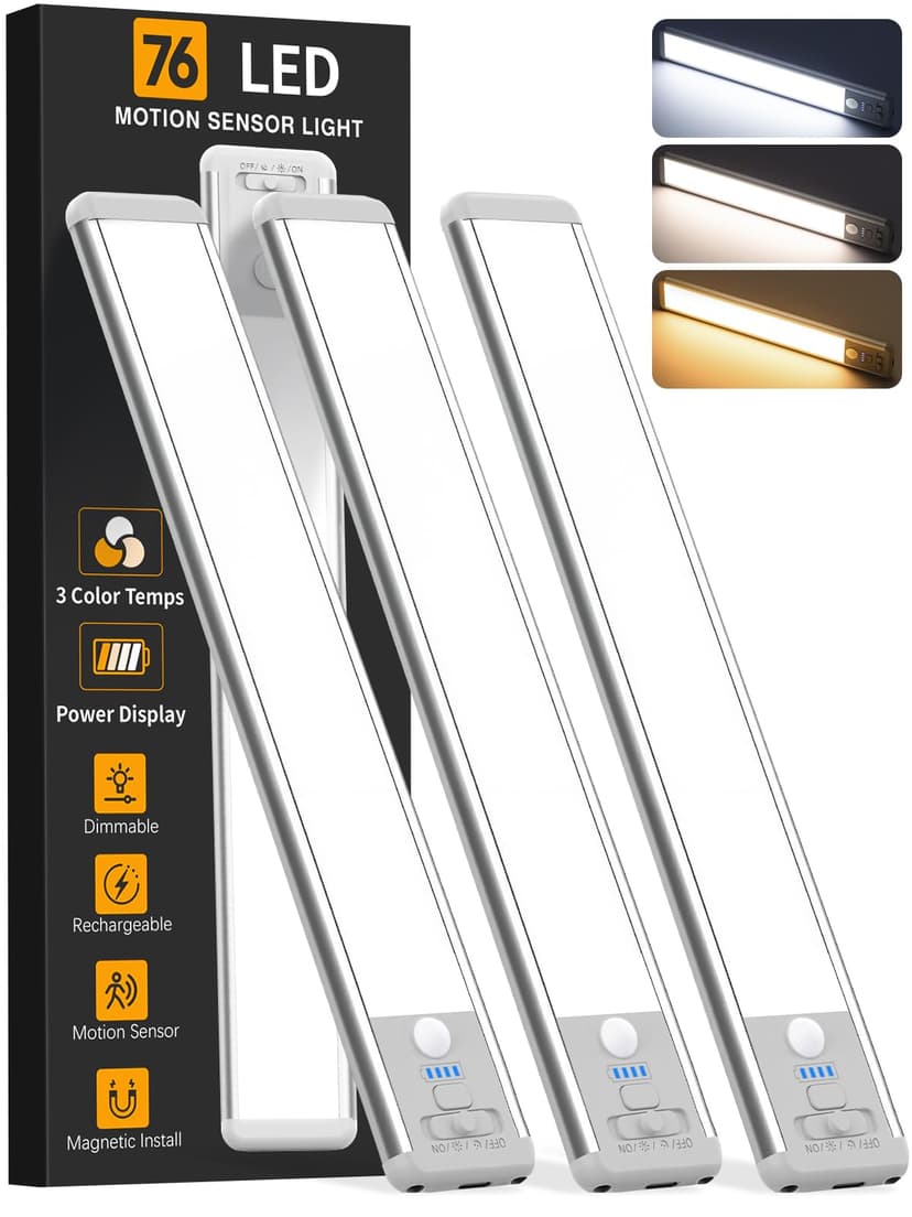 Under Cabinet Lighting Wireless, Rechargeable Motion Sensor Light Indoor, 3 Color Dimmable Closet Light Battery Operated with LED Power Display, Magnetic Under Counter Lights for Kitchen, Home (3Pack)