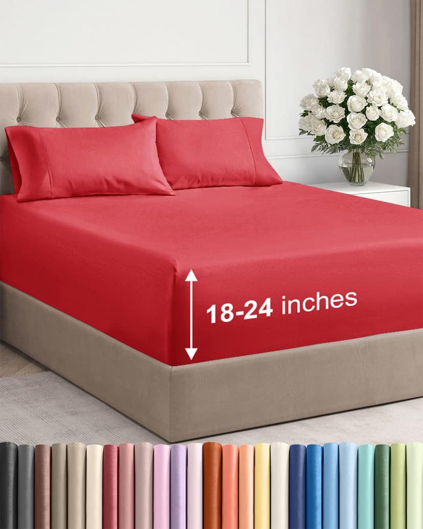 Extra Deep Twin Sheet Set - 4 Piece Breathable and Cooling Sheets - Red | Hotel Luxury Bed Sheets Set, Easy & Secure Fit, Ultra-Soft, Wrinkle & Fade Free, Comfy Sheets Set with Extra Deep Pockets