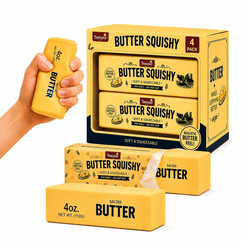 4PCS Butter Squishy – Slow Rising Butter Squishy Toy, Realistic Food Fidget Toys for Adults, Soft PU Material, Sensory Anxiety Relief & Focus Aid, Portable 5.5 Inch Squishy Butter for Office & Home