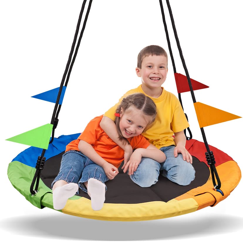 PACEARTH 40 Inch Saucer Tree Swing Flying 900lb Weight Capacity 2 Added Hanging Straps Adjustable Multi-Strand Ropes Colorful Safe and Durable Swing Seat for Children