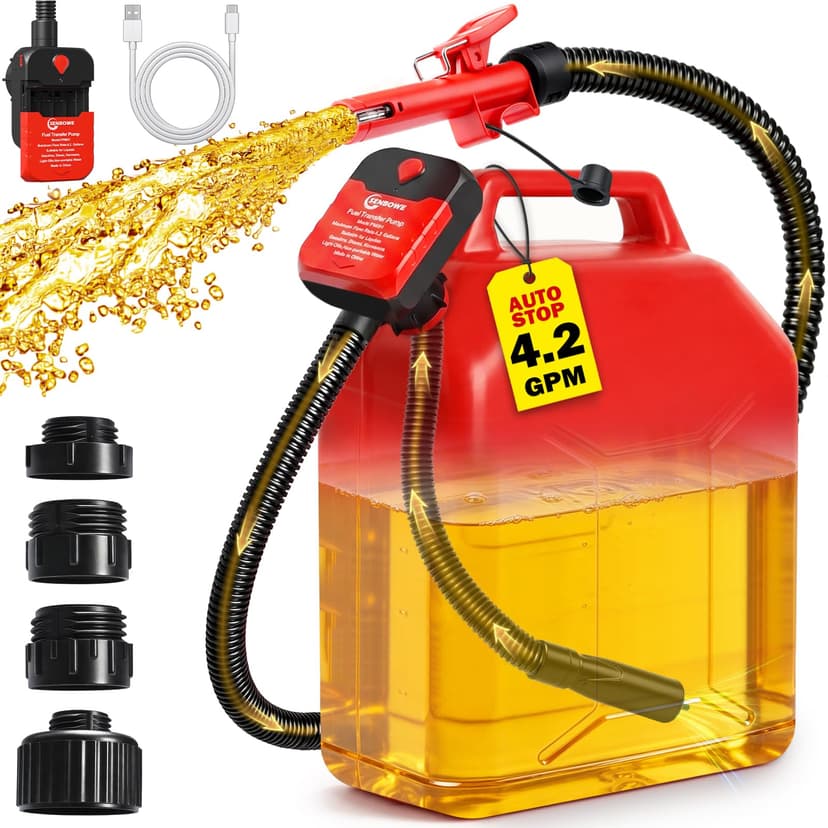 Fuel Transfer Pump with Auto-Stop, 4.2 GPM Battery or USB-Powered Petrol Pump for Fuel Cans, Portable Electric Petrol Transfer Pump with 51" Hose & 4 Adapters for Fast, Safe and Spill-Free Refuelling