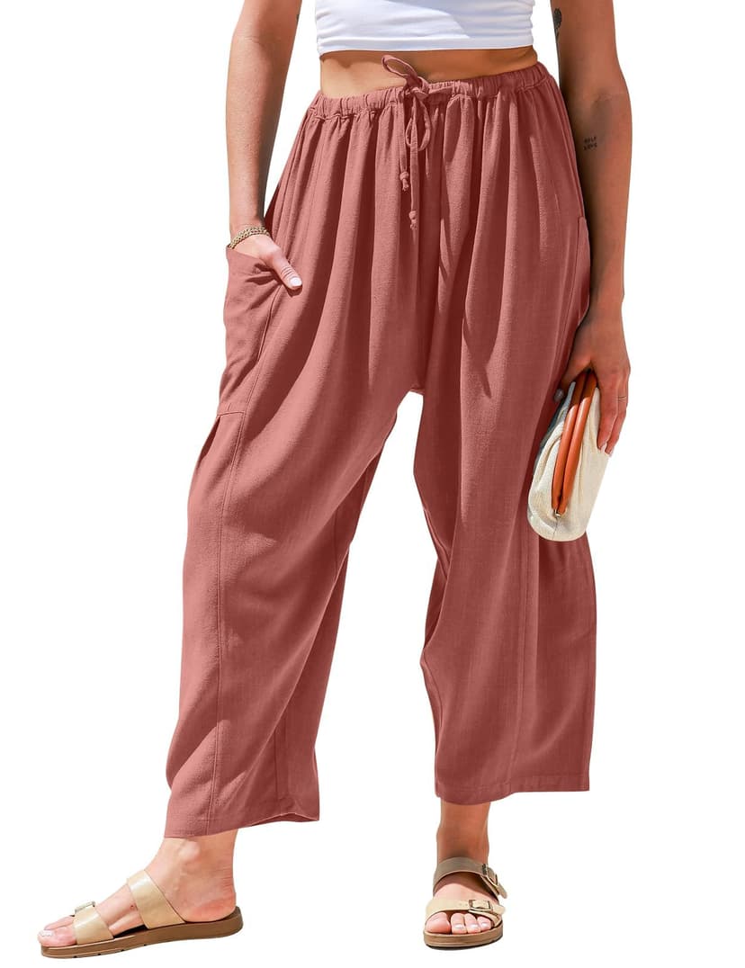 TARSE Womens Linen Wide Leg Pants Casual Palazzo Harem Pants with Pockets | Loose Fit Drawstring Baggy Pants, Casual Summer Pants, Lounge Barrel, Summer Beach Travel Vacation Trousers