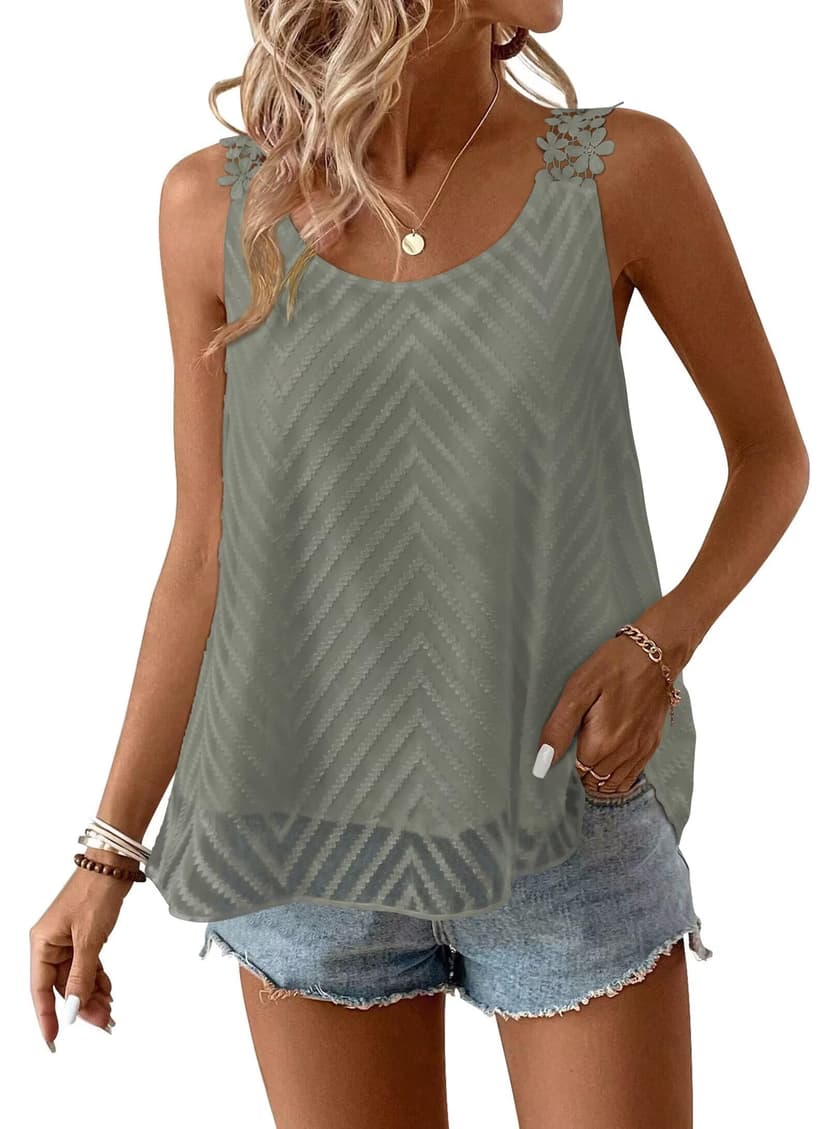 Womens Tank Tops Flowy Sleeveless Summer Boho Tank Top for Women Casual Crewneck Strap Lace Camisole Shirts