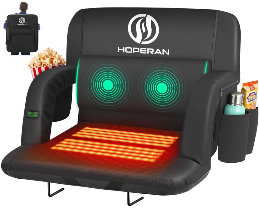 HOPERAN Massage Heated Stadium Seats for Bleachers, Dual Control, Portable | Back Massage, Seat Heated (Battery Not Included), Lumbar Pillow, 6 Recliner, Soft Cushion, Anti-Slip Stability, Side Pocket
