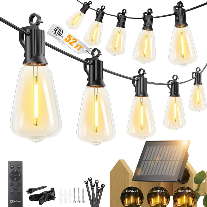 Brightown 52FT Solar String Lights Outdoor Waterproof, Patio Lights with Remote and 15+1 LED Shatterproof Bulbs, Dimmable & Timable, 3 Light Modes, Solar Lights Outdoor for Yard Garden Camping Party