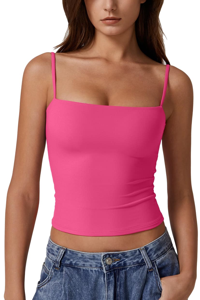 QINSEN Women's Double Lined Basic Tank Top Adjustable Spaghetti Straps Sleeveless Camisole Shirts