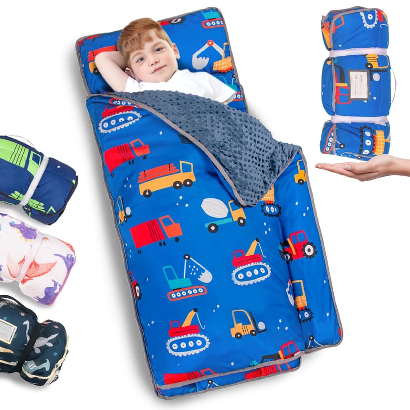 Primlect Thickened Toddler Nap Mat with Removable Pillow and Minky Blanket, Extra Large 55''x35'' Sleeping Bag, Washable, Roll up, Perfect for Daycare, Preschool, Kindergarten, Boys and Girls