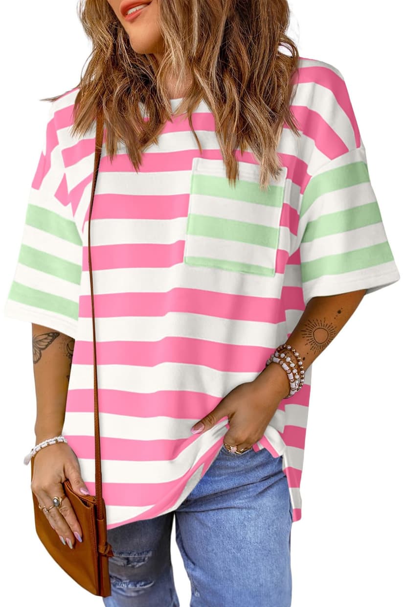 Womens Oversized Color Block Striped Tshirts Summer Casual Short Sleeve Tops Loose Fit Crew Neck Shirts