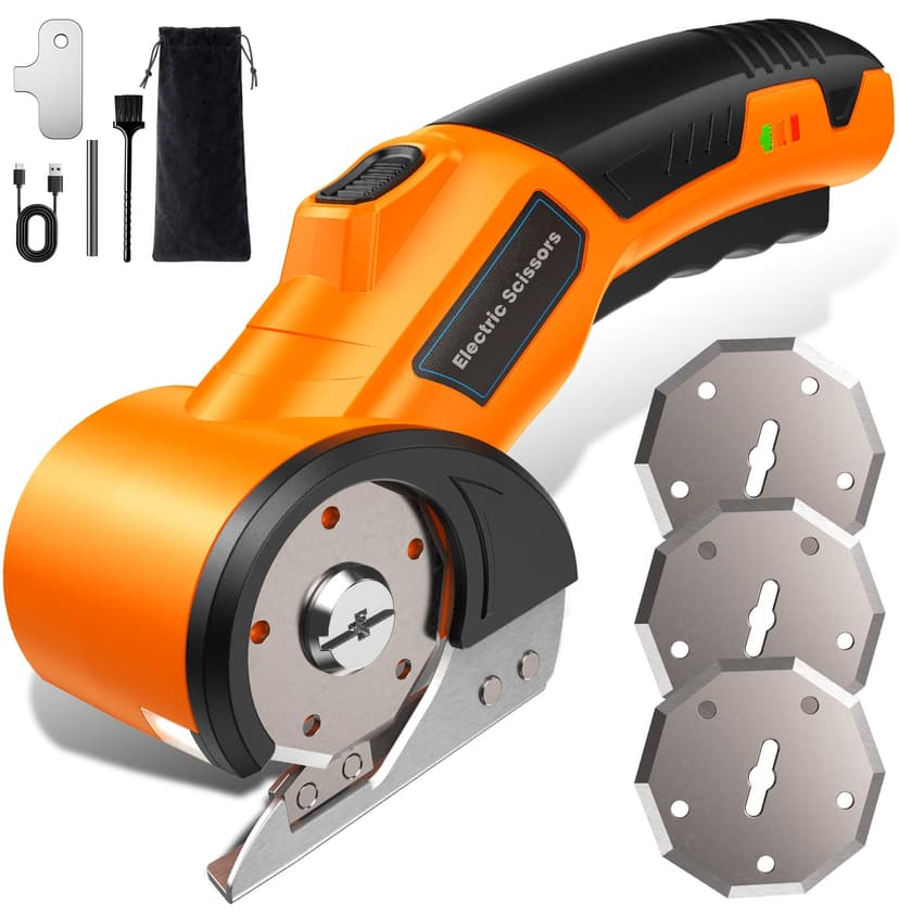 2026 Upgrade Cordless Electric Scissors with 3 Tungsten Steel Blades, 2500mAh Battery, LED Light, High-Torque Motor, Cardboard Cutter for Fabric, Cardboard, Leather, Carpet, Wire Rope Cutters (Orange)