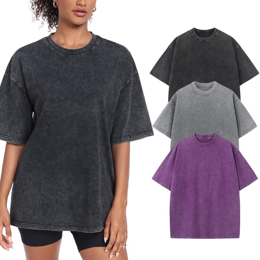 SnowElve Womens Washed Vintage Oversized T-Shirt Baggy Workout Tops Short Sleeve Cotton Tshirts Streetwear Boyfriend Tee