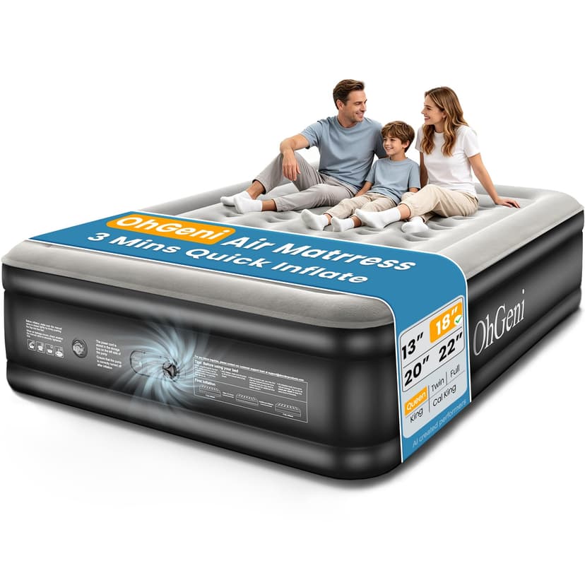 OhGeni Air Mattress Queen with Built in Pump, 18" Raised Inflatable Blow Up Mattress, Upgraded Surface Portable Bed for Home, Camping, Colchone Inflable, Ideal Sleep Solution for Guests