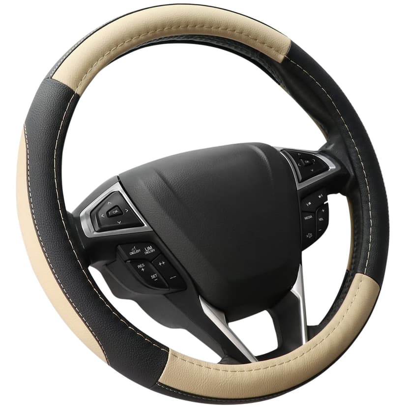 SEG Direct Steering Wheel Cover 14.5-15 inch Car Auto Interior Accessories | Universal Medium Standard Size 37-39cm for Car Truck SUV, Microfiber Leather, Anti-Slip Comfortable Grip, Black and Beige