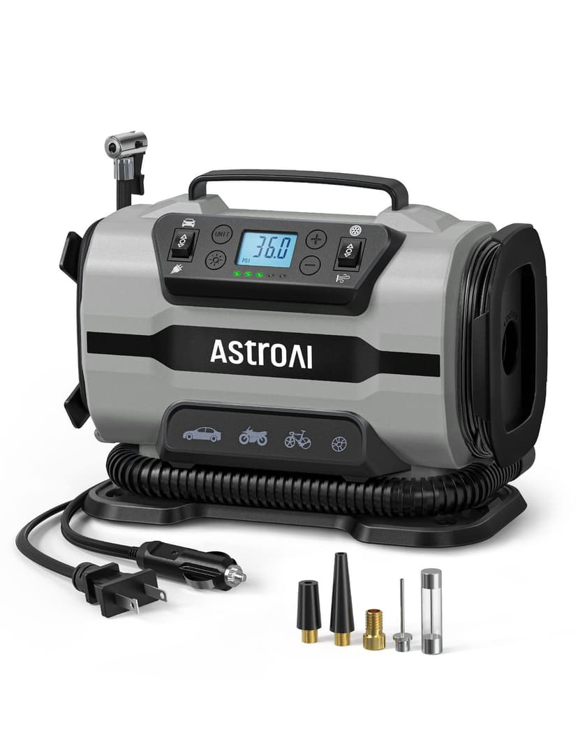 AstroAI Tire Inflator Portable Air Compressor, 12V DC/120V AC Dual Power | Fast-Inflating Air Pump with Dual Metal Motors, 150PSI Digital Gauge for Car, SUV, Bike Tires & Air Mattresses, Gray