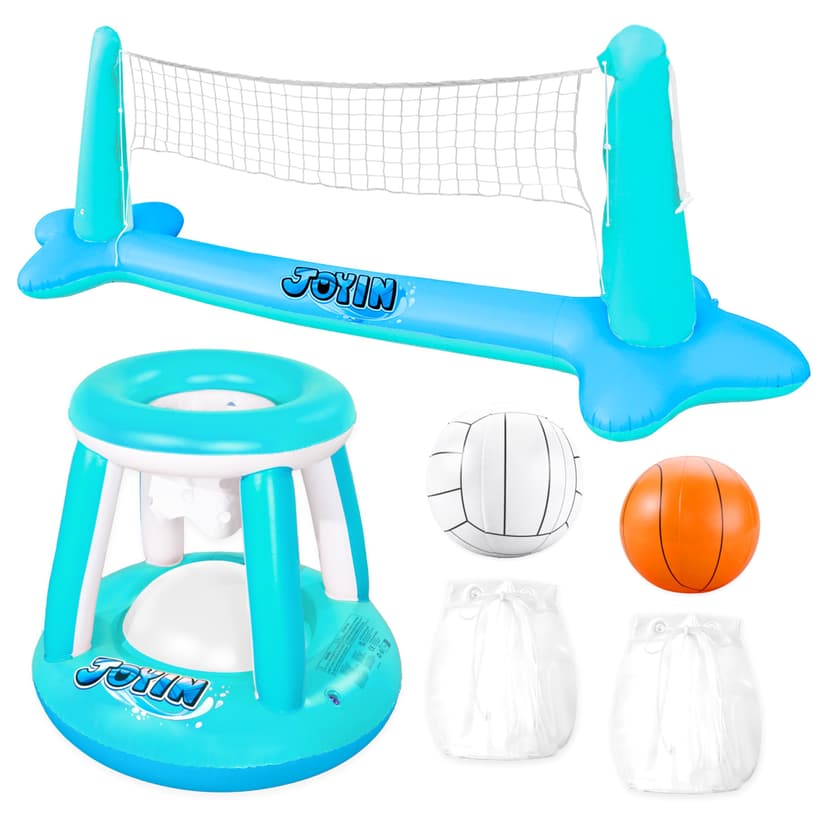 JOYIN Inflatable Pool Float Set Volleyball Net & Basketball Hoops, Floating Swimming Game Toy for Kids and Adults, Summer Floaties, Volleyball Court (105”x28”x35”)|Basketball (27”x23”x27”),L-Blue
