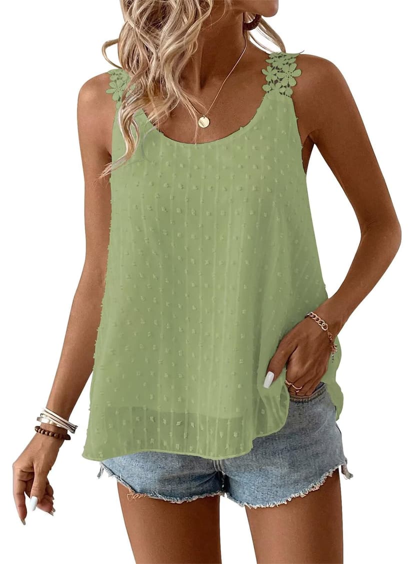 Womens Tank Tops Flowy Sleeveless Summer Boho Tank Top for Women Casual Crewneck Strap Lace Camisole Shirts