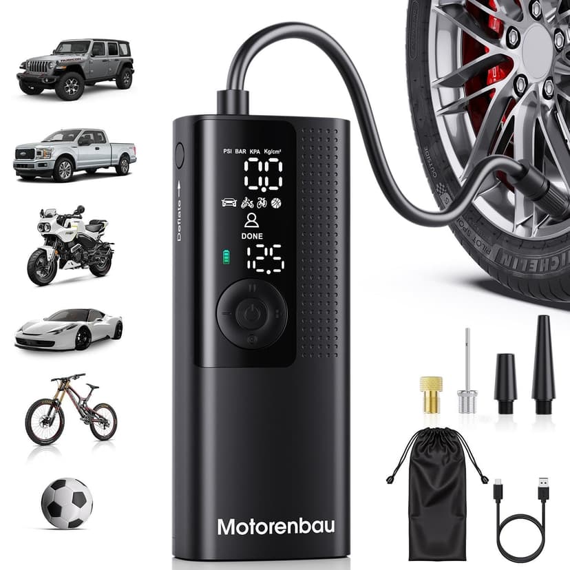 Motorenbau Tire Inflator Portable Air Compressor, 3X Faster Inflation | for Car Tires, Bikes, Motorcycles, Balls, Auto Shut-off, Cordless Air Pump with LED & Digital Pressure Gauge