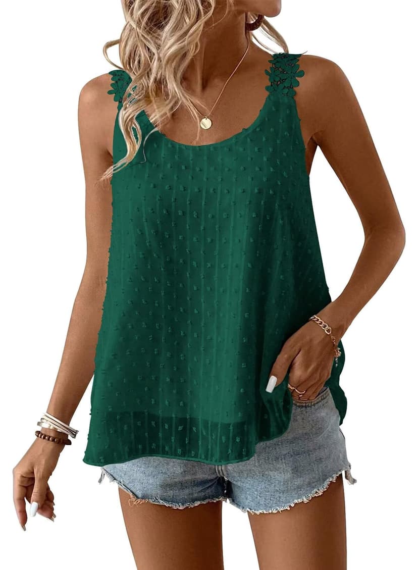 Womens Tank Tops Flowy Sleeveless Summer Boho Tank Top for Women Casual Crewneck Strap Lace Camisole Shirts
