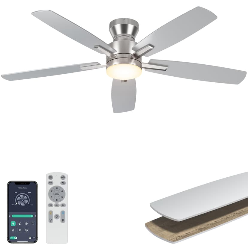 Ohniyou 52'' Silver Low Profile Ceiling Fan with Lights, Remote/APP Control | Flush Mount, Dimmable 3CCT LED, Quiet Reversible DC Motor; Memory Function, 4580 CFM, for Indoor Bedroom Living Room