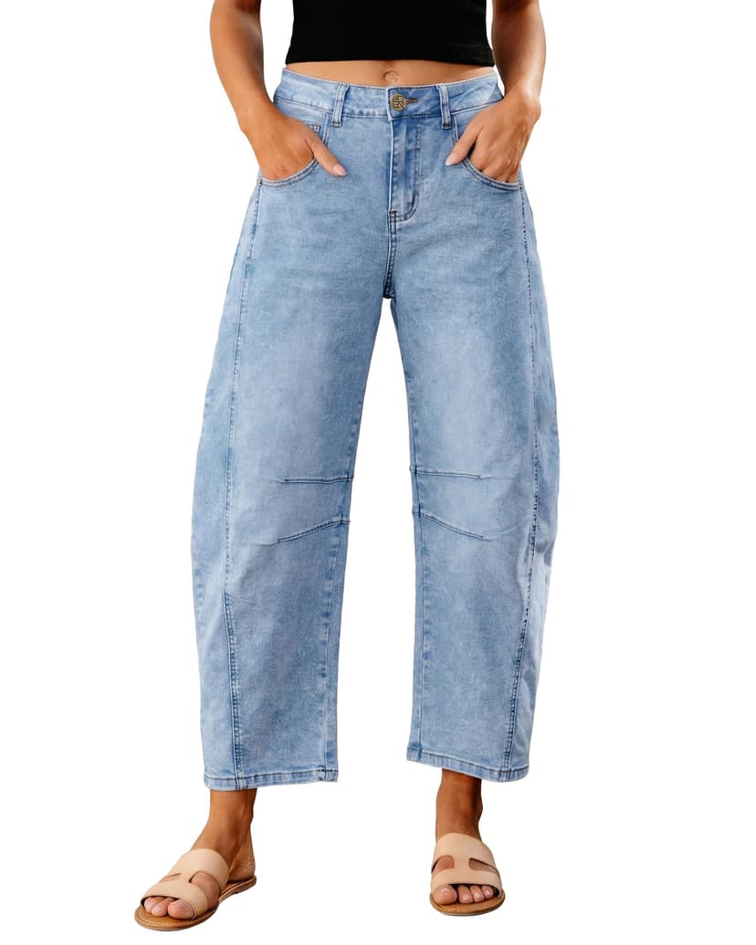 GRAPENT Barrel Jeans for Women High Waist Baggy Cropped Stretch Denim Pants | Barrel Leg Cut, High Rise, 26'' Inseam, Seam Details, Trendy Crop Jeans, Relaxed Fit, For Daily Wear, Dressy Casual Outfit