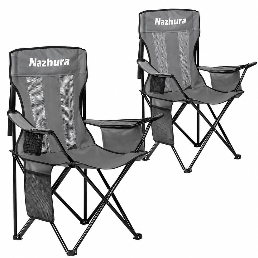 Nazhura 2 Pack Outdoor Camping Chairs Folding/Foldable/Portable with Cooler Pouch, Mesh Backrest and Cup Holder Pocket (Grey, Metal, 2 Pack)