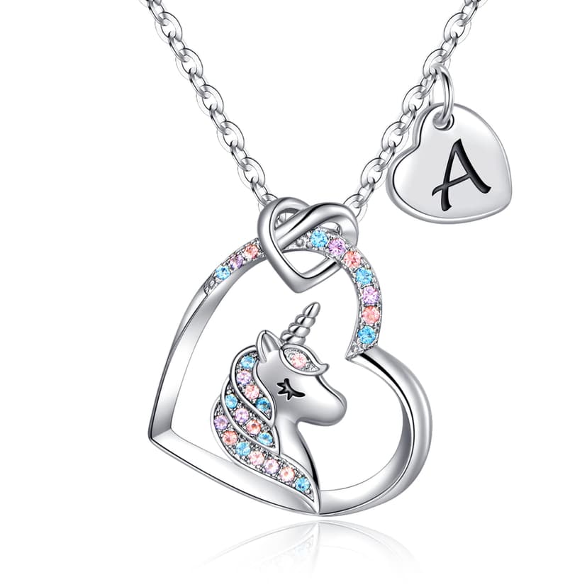 Hidepoo Unicorn Gifts for Kids Girls - Unicorn Necklaces for Girls Kid, Colorful CZ Heart Pendant Initial Unicorns Necklaces for Girl Kids Jewelry Birthday Gifts for Girl Kid