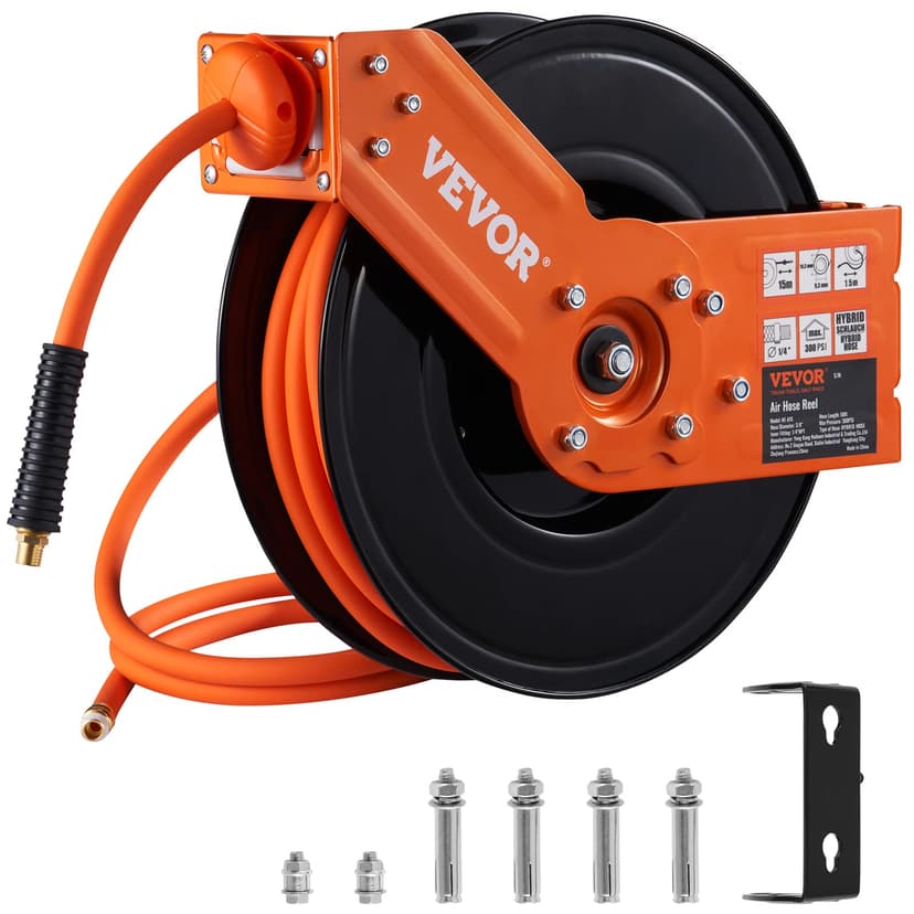 VEVOR Retractable Air Hose Reel 3/8 IN x 50 FT Hybrid Air Hose Max 300PSI | 5ft Lead in, Ceiling/Wall Mount, Single Arm, Heavy Duty Steel Air Compressor Hose Reel