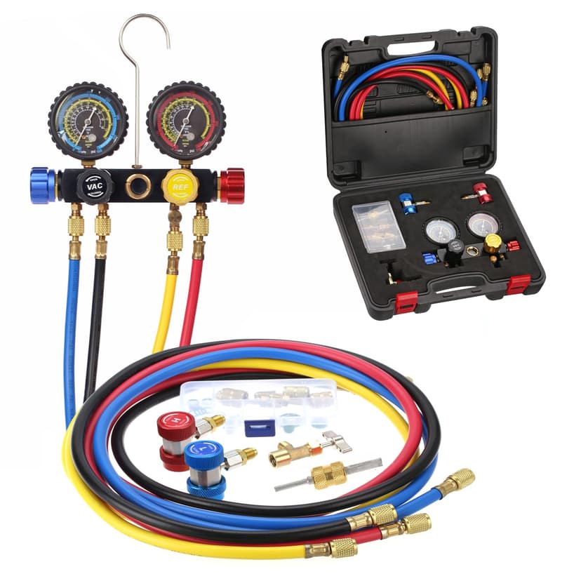 PB Motor Tech 4 Way Manifold Gauge Set for R22 R134A R410A with Case | With Aluminum Body, Quick Couplers, 410 Adapter & Can Tap, 5Ft Hoses, EV Cotton Case, For Automotive / Household AC
