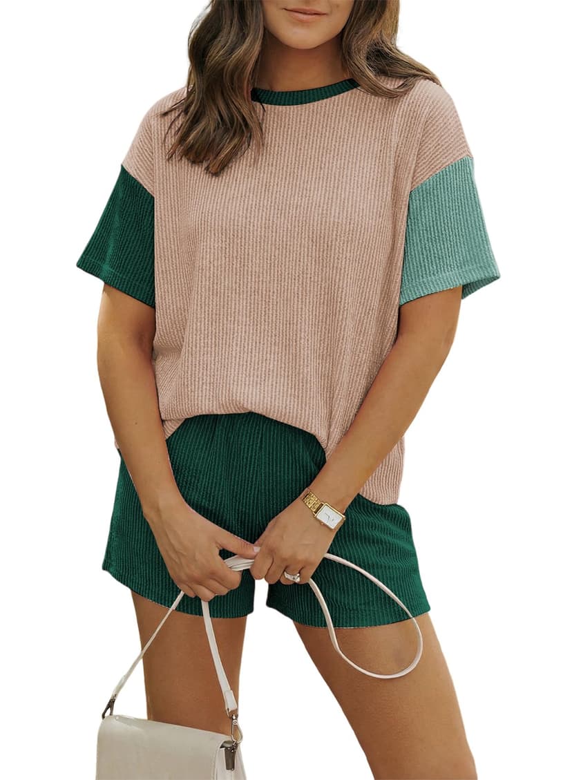 MARZXIN Women 2 Piece Short Set with Vertical Stripes Summer Cruise Outfits | 2026 Short Sleeve Postpartum Maternity Matching Set Daily Wear Vacation Travel Airport Outings Pocket