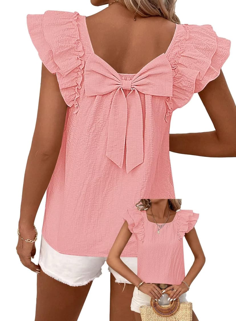 Falechay Womens Bow Tie Back Tops Round Neck Ruffle Short Sleeve Shirts Cute Babydoll Chiffon Tee Women Summer Trendy Tunic