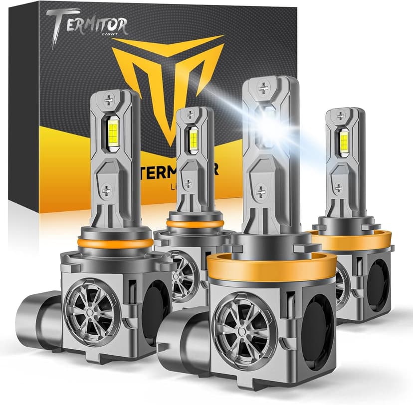 Termitor Upgraded H11 9005 Light Bulbs Combo, 100,000LM 1200% Super Bright H9 H8 Bulbs, 85000+Hrs Long Life, 1:1 Halogen Fit Plug-N-Play H9 H8 HB3 Lights Kit, 6500K White, Pack of 4