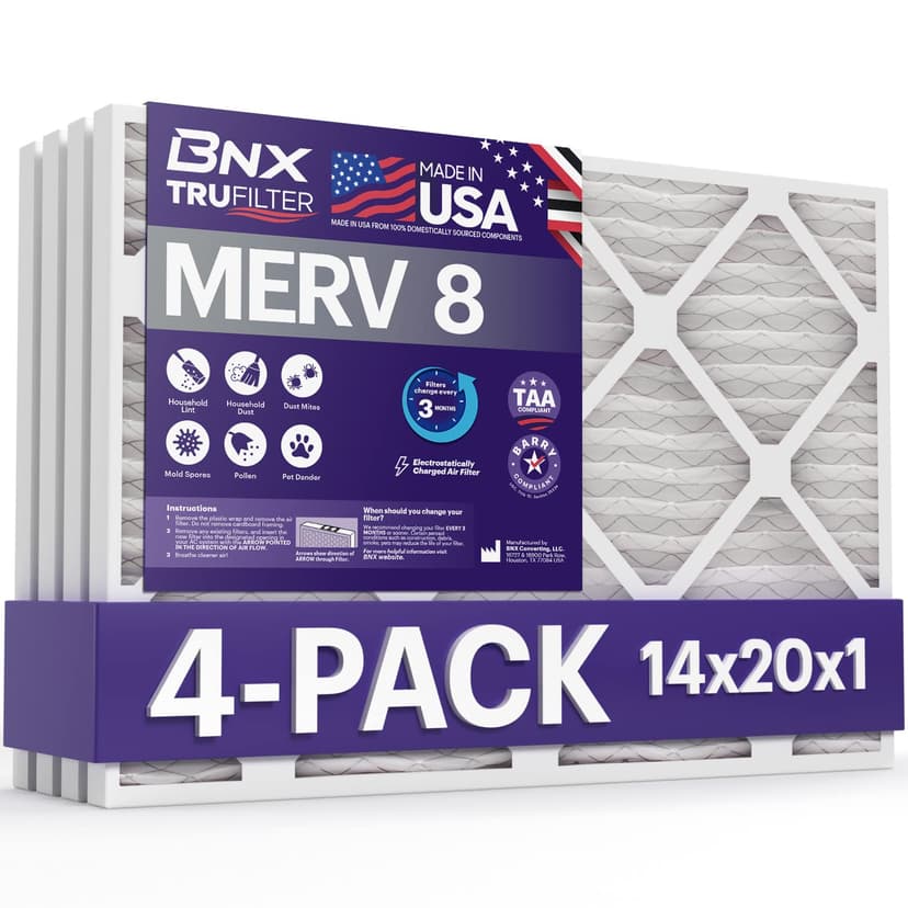 BNX TruFilter 14x20x1 Air Filter MERV 8 (4-Pack) - MADE IN USA – Dust & Pet Defense Electrostatic Pleated Air Conditioner HVAC AC Furnace Filters for Dust, Pet, Mold, Pollen MPR 600 – 700 & FPR 5