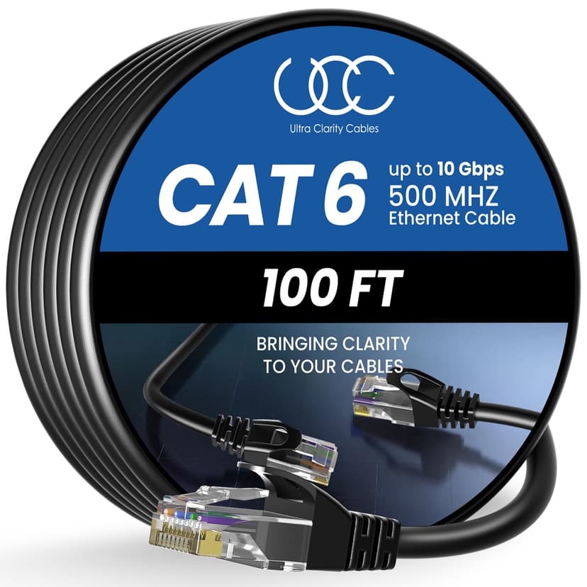 Ultra Clarity Cables Cat6 Ethernet Cable 100 FT 10Gbps Long Cable, Black | Outdoor Indoor High Speed, Gold Plated RJ45 LAN 500MHz Internet Cat6 Cable for Computer, Router, Modem, PS4 5, Xbox, Gaming