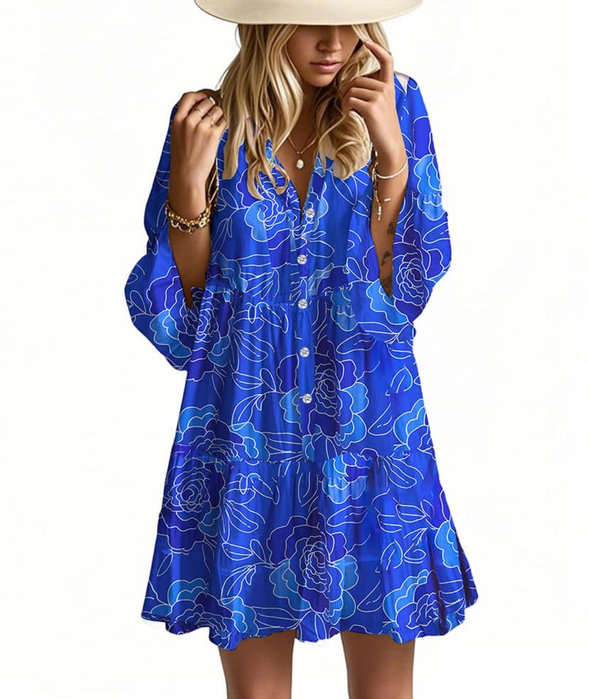Opemiby Summer Dresses for Women 2026 Flowy Ruffle 3/4 Sleeve V Neck Tiered Casual Babydoll Boho Beach Mini Dress