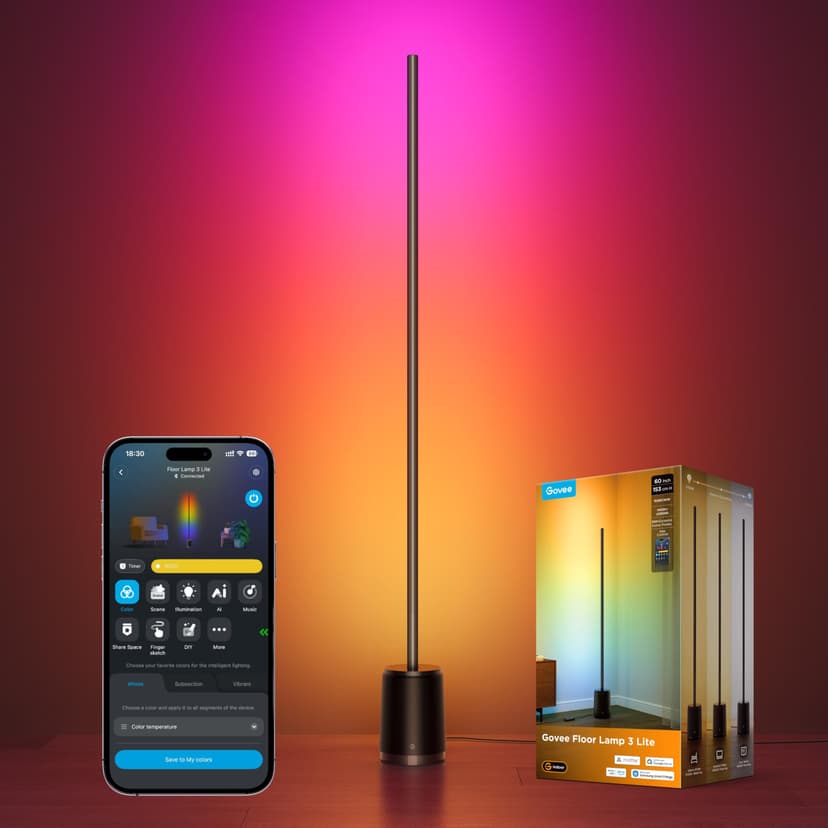 Govee Floor Lamp 3 Lite, Smart RGBIC LED Corner Lamp for Living Room | Compatible with Alexa, SmartThings, Matter, 1400lm Dimmable Color Changing Tall Standing Light with Music Sync for Bedroom