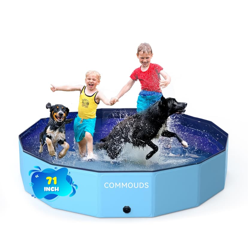 COMMOUDS Extra Large Foldable Dog Pool, Hard Plastic Dog Kiddie Swimming Pool, Collapsible Pet Bath Tub Wading Pools for Kids and Puppy Small Medium Large Dogs(71inch.D x 12inch.H)