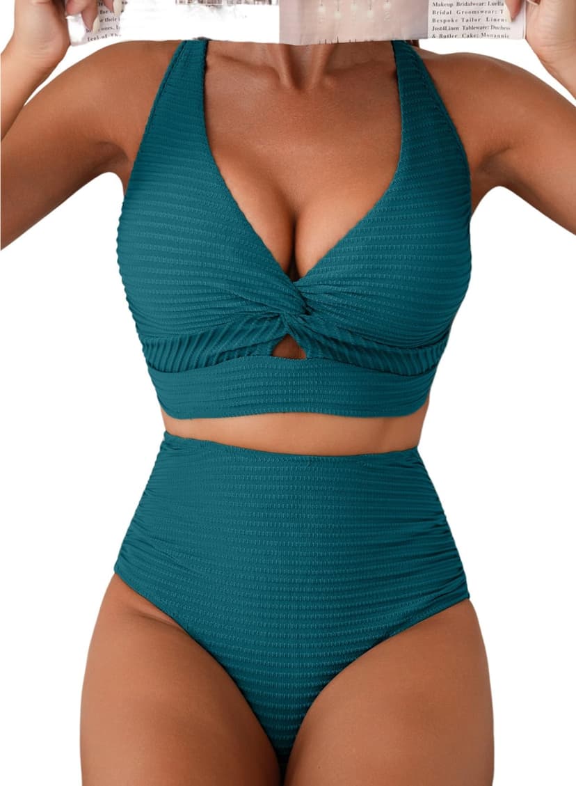 Herseas Women's Textured Bikini Sets Twist Front Top Swimsuits High Waisted Bathing Suits
