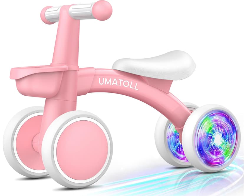 Umatoll Colorful Lighting Baby Balance Bike Toys for 1 Year Old Girl Gifts, Adjustable Seat, First Birthday Gifts, 12-24 Months Toddler Bike, New Pink