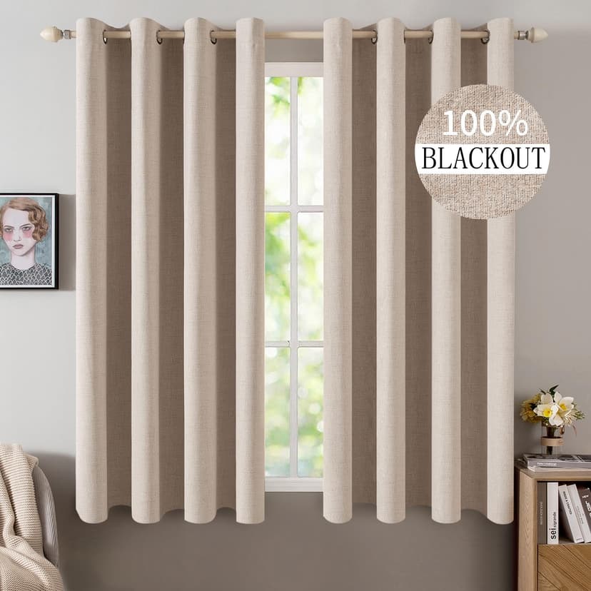 MIULEE 100% Blackout Linen Curtains for Bedroom 52x63 Inches Natural Beige | Room Darkening, Light Blocking, Thermal Insulated, Grommet Top, Linen Textured, Window Curtains for Living Room, 2 Panels