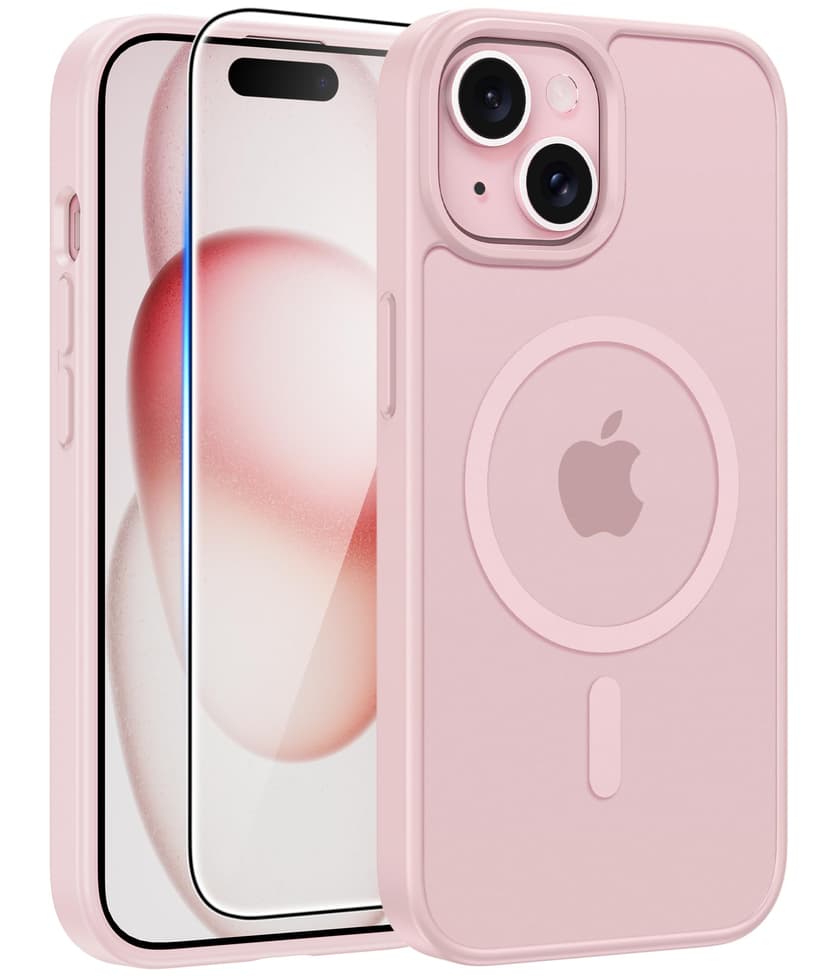 FNTCASE for iPhone 15 Case: for iPhone 14 Case & iPhone 13 Case [Compatible with Magsafe] Translucent Matte Cases with [Screen Protector] Military Grade Shockproof Protective Phone Cover - Light Pink