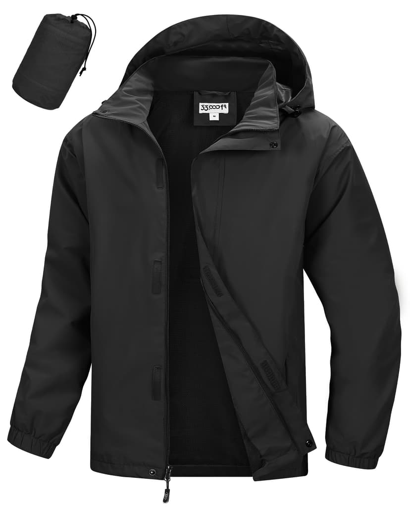 33,000ft Men's Waterproof Rain Jacket Packable Lightweight Hood Rain Shell | Breathable, Mesh Lining, Fully Taped Seams, Windbreaker, Windproof, Raincoat, 3 Pockets, Stowaway Hood, for Outdoor, Golf